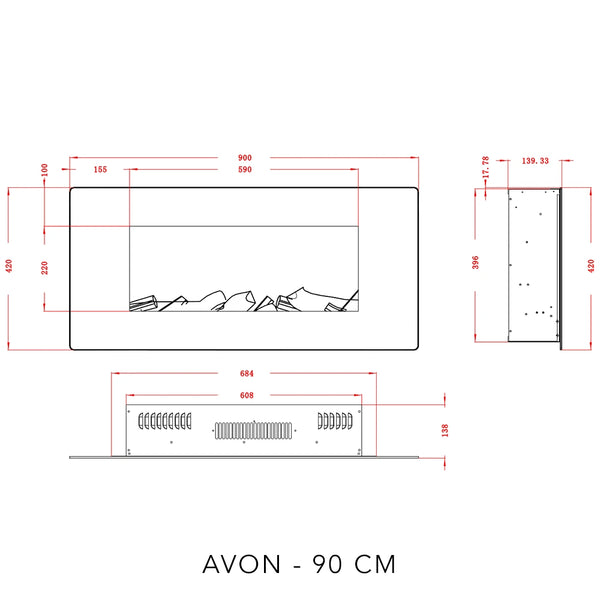 Albion 90 cm stenski električni kamin – črn