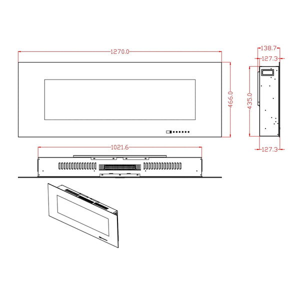 Azurite Wall-Mounted Electric Fireplace - Black - 127 cm
