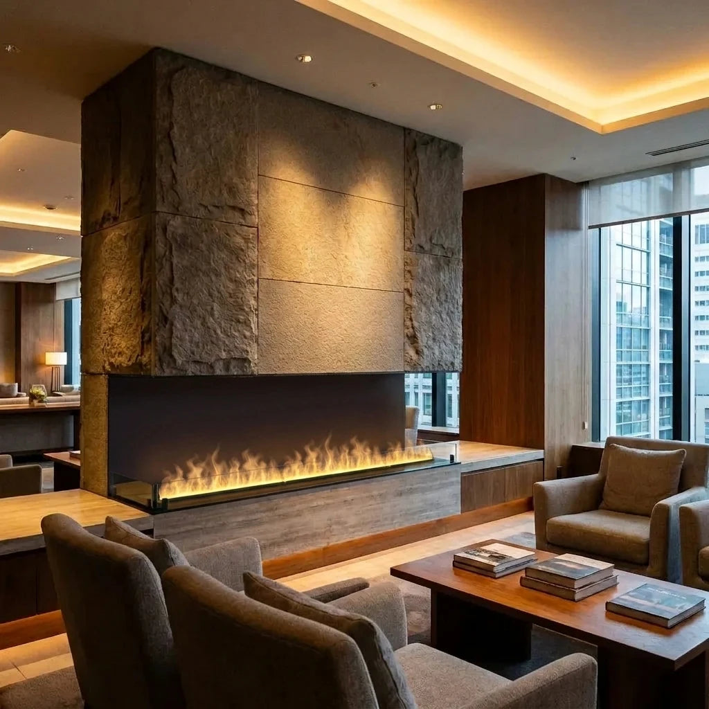 Foco Myst Three 1800 three-sided water vapour fireplace with one long water vapour flame in a living room