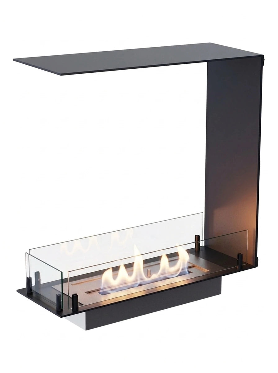 Foco Room Divider 600 Slim three-sided bioethanol fireplace with a realistic lit flame, white background studio shot