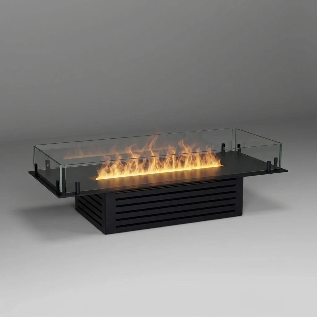 Foco Myst Pro 900 in matte black with water vapour flames, seen from an angle