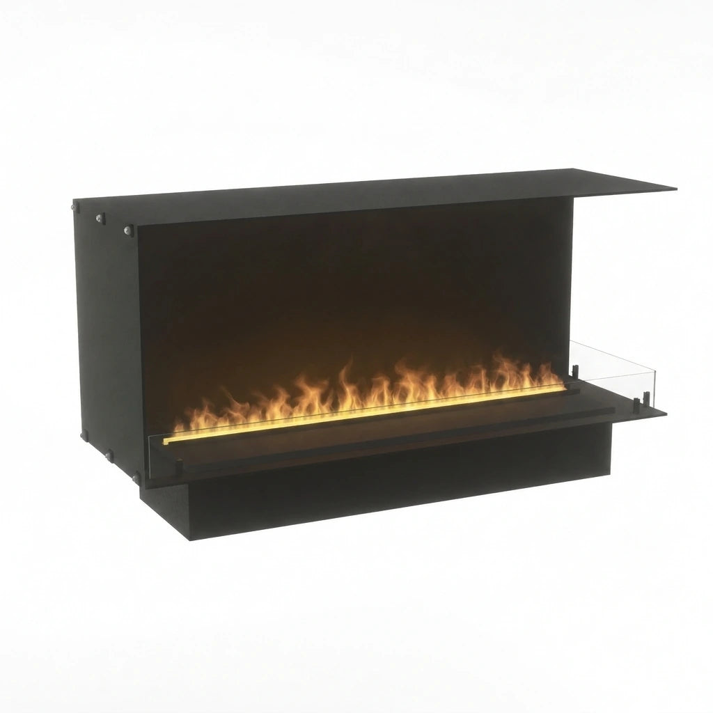 Foco Myst Corner Right 1200 built-in water vapour fireplace in black with realistic water vapour flames