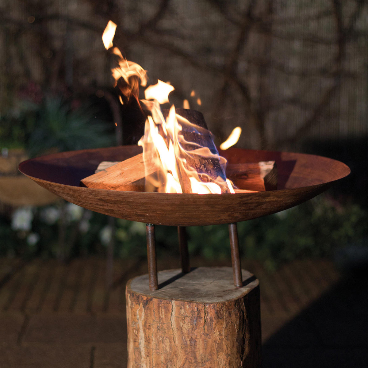 Corten Steel Firepit on a Wooden Base