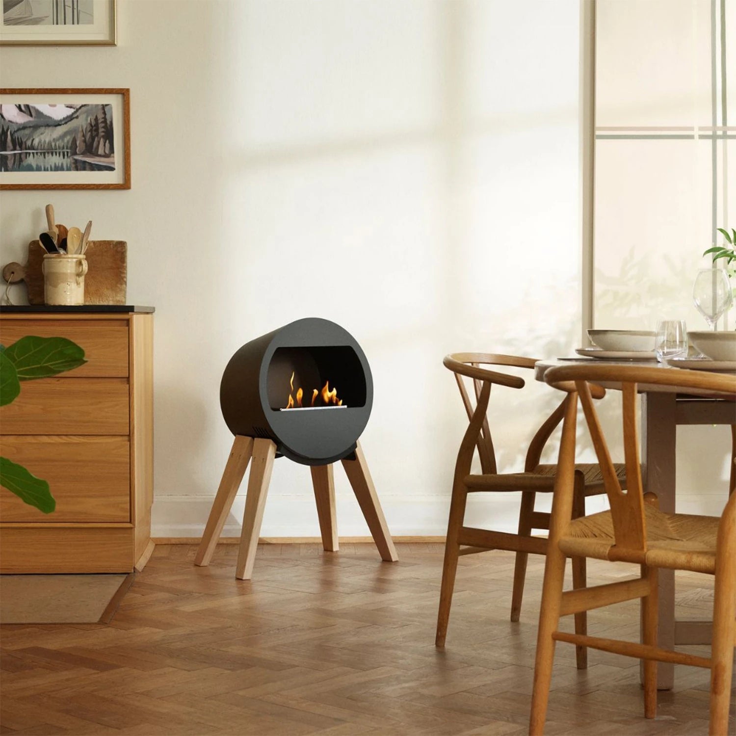 Aduro B2 Freestanding Bioethanol Fireplace - Black / Oak