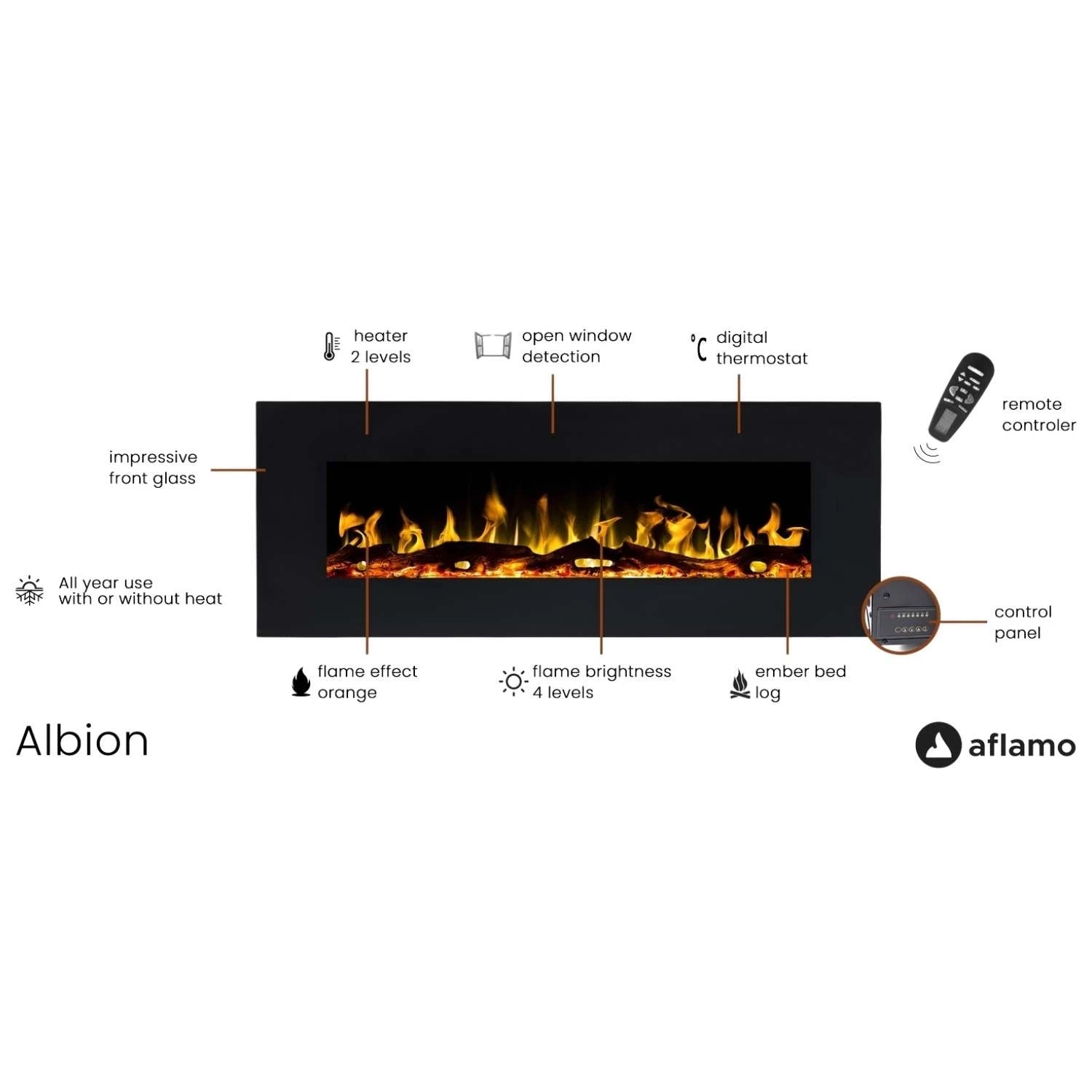 Albion 110 cm - stenski električni kamin