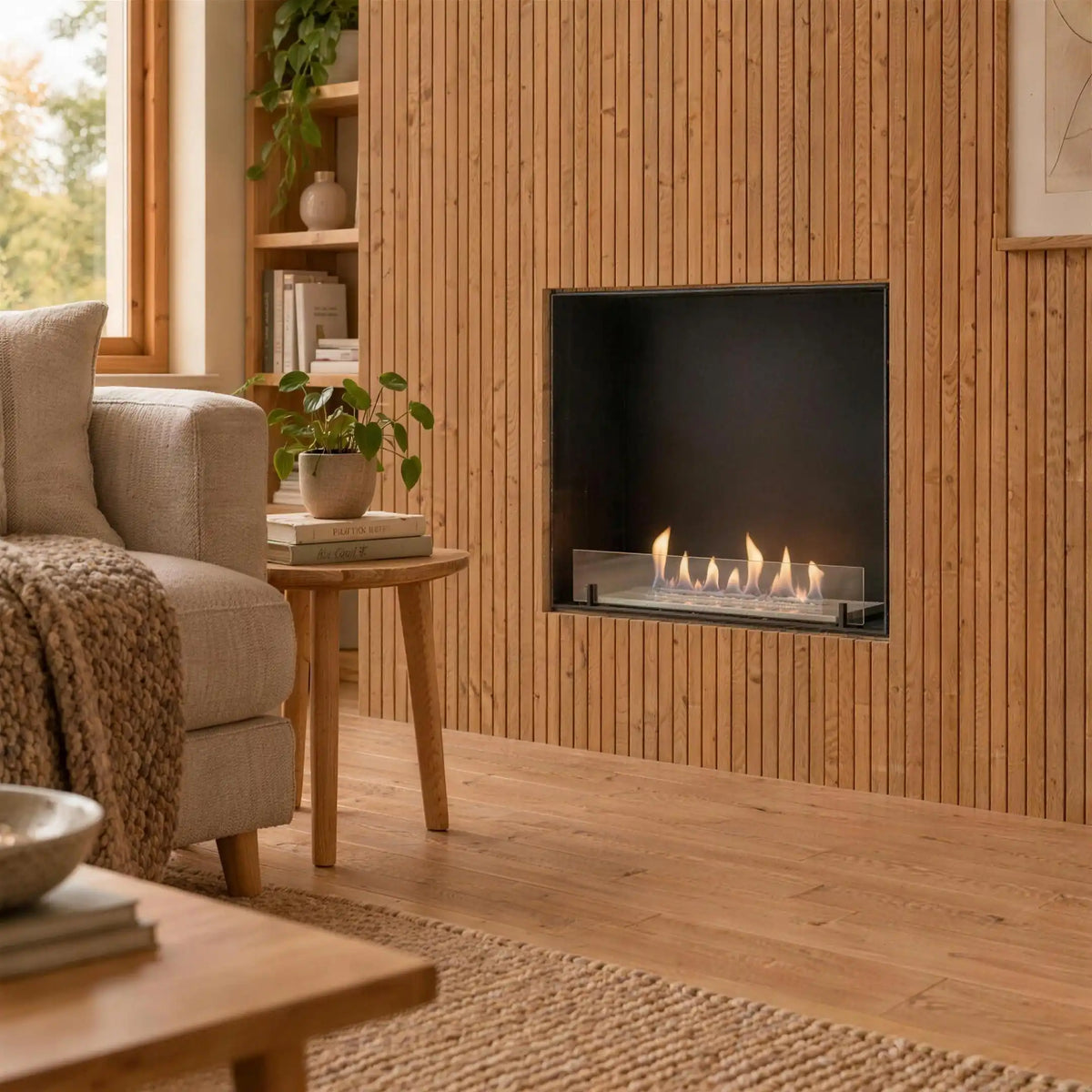 Foco One 600 Slim built-in bioethanol fireplace installed in a living room with wood panel wall