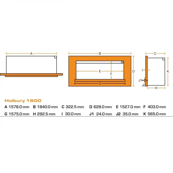 Holbury 1600 Grey Marble – Wide Front-Open Built-In Electric Fireplace