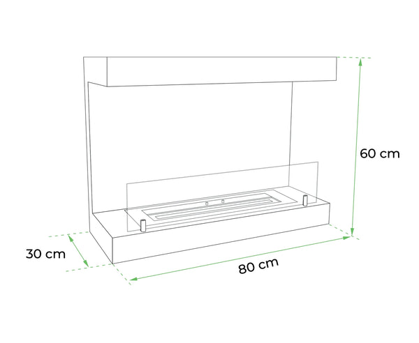 Dakota bela - 3-stranski 80 cm stenski bio kamin