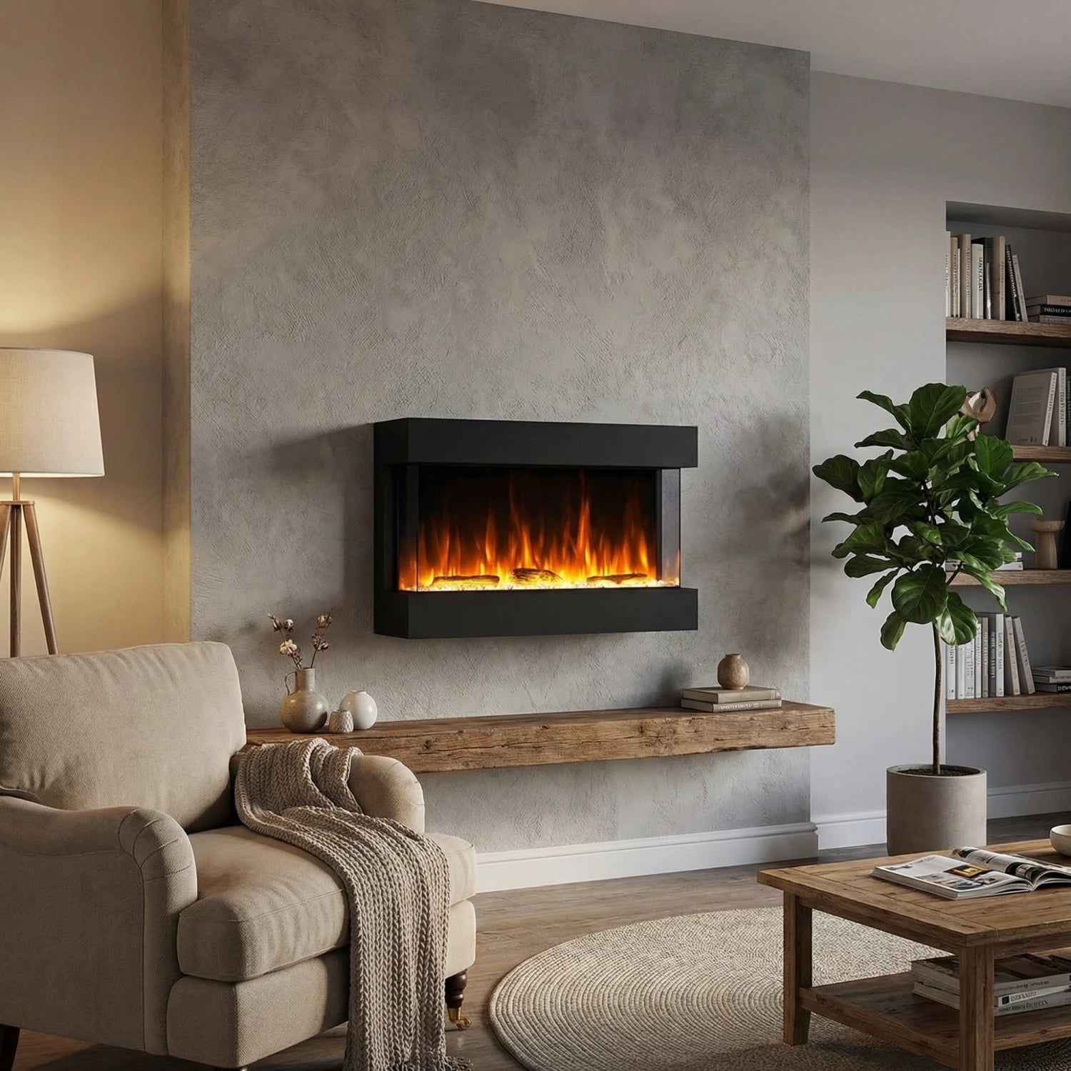 Feroza Wall-Mounted Electric Fireplace - Black - 101 cm