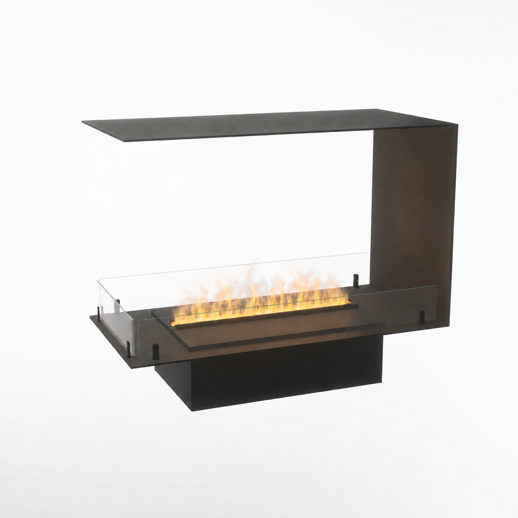 Foco Myst Room Divider 800 water vapour fireplace, studio shot with realistic Opti-myst flame effect