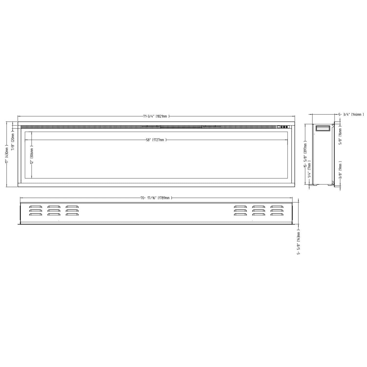 Royal električni kamin 72" – 182 cm, stenska montaža